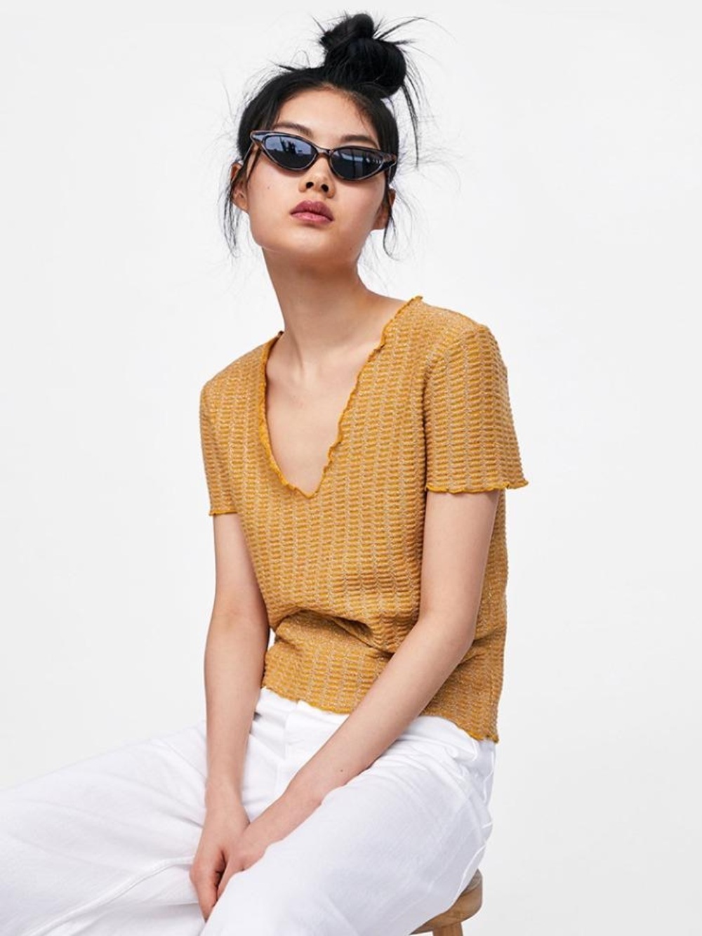 Zara Mustard Textured V-Neck Short Sleeve Top